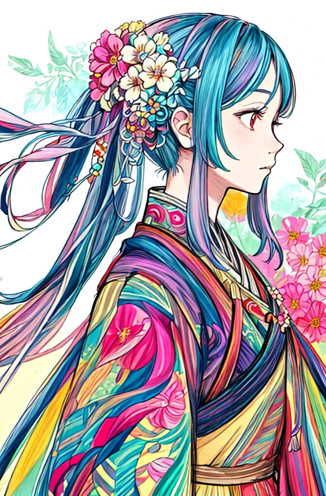 1girl, detailed Colorful flowers, complex background, complex vivid color clothing, detailed Colorful hair ornaments, BREAK Studio Ghibli Style, Ghibli color