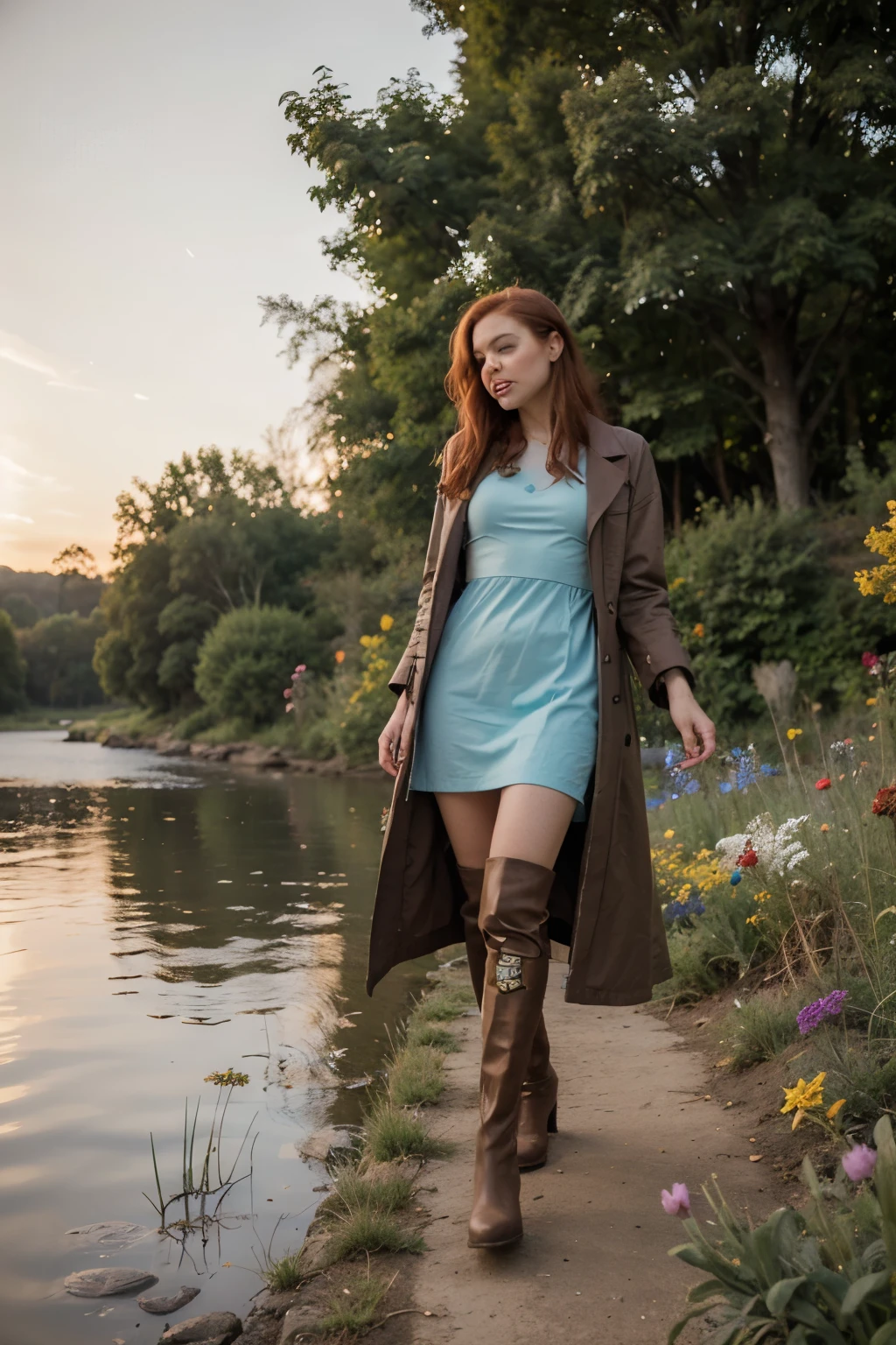 A skinny elf fantasy woman with too long red hair and long iron boots with a short pink coat and a blue dress lost in too many colorful flowers under a golden sky trying to catch a butterfly near a shiny river