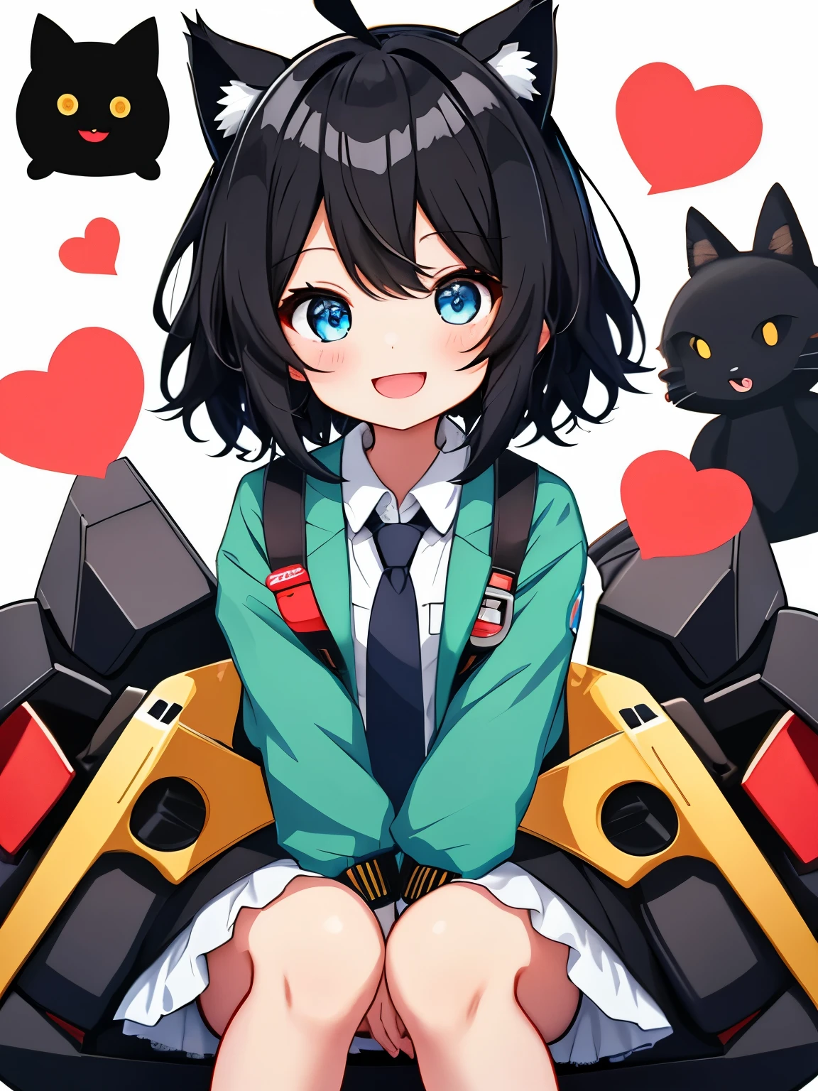 1girl with, Open mouth, Smile, Virtual Youtuber、girl with、((Best Quality, high_resolution, Distinct_image)),(Black hair), (Black cat ears), (Ahoge), (absurdly short hair), (Wavy Hair), (Blue eyes),、A smile、((concept-art))、Dressed in student uniform。wore a tie((Arms at sides))((Upright))、独奏、girl with1人、above knee、White background、symple background、Front-facing。Lori。Gamine。Mini。 3歳のgirl with, Big head, twitchEmote, above knee、White background, Chibi, Emote, face to the viewer,