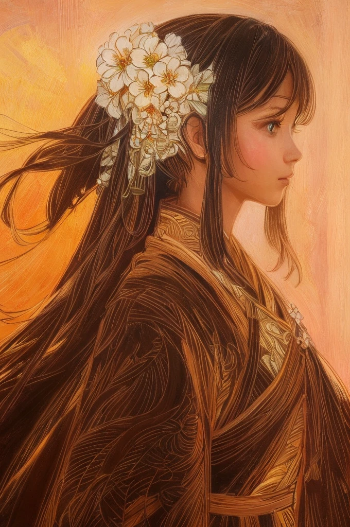 In the setting sun,(An oil painting of a long-haired woman),A flower stuck in his hair,Best quality,super-fine,详细的脸,soft flowing hair,a hint of smile,Rainbow-colored costumes,Vivid brushstrokes,classic portrait,Subtle lighting contrast,depth and dimensionality,Delicate skin texture,fine strands,realistic expression,tmasterpiece:1.2