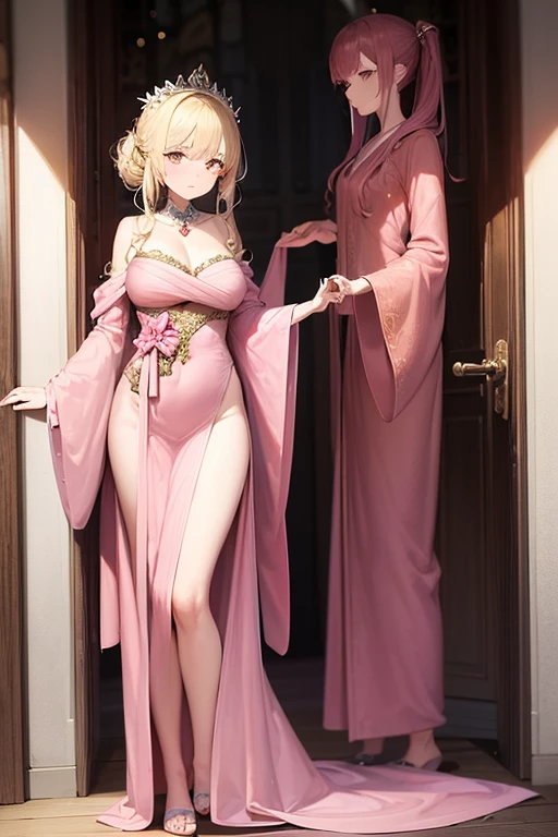 A woman wearing a pink robe standing in front of the door, wearing a long flowing robe, ((wearing aristocrat robe)), wearing dramatic aristocrat robe, wearing a luxurious silk robe, Gorgeous aristocratic robes, Flowing magic meat robe, wearing aristocrat robe, Silk robes, Silk robesで, 濃いSilk robesを着て, wearing long gown, satin、Beautie、kawaii、Best style、