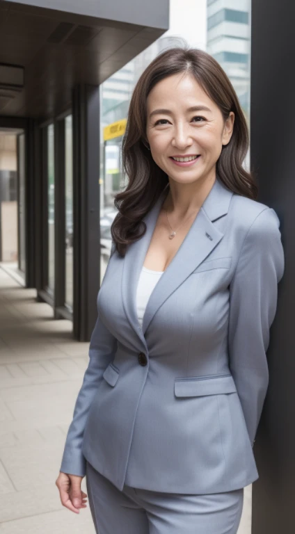 (masterpiece:1.4),(67-year-old woman:1.5),(facial wrinkles 1.2),A kind smile,Long Wavy Hair, Motherhood Mature Woman, business suit