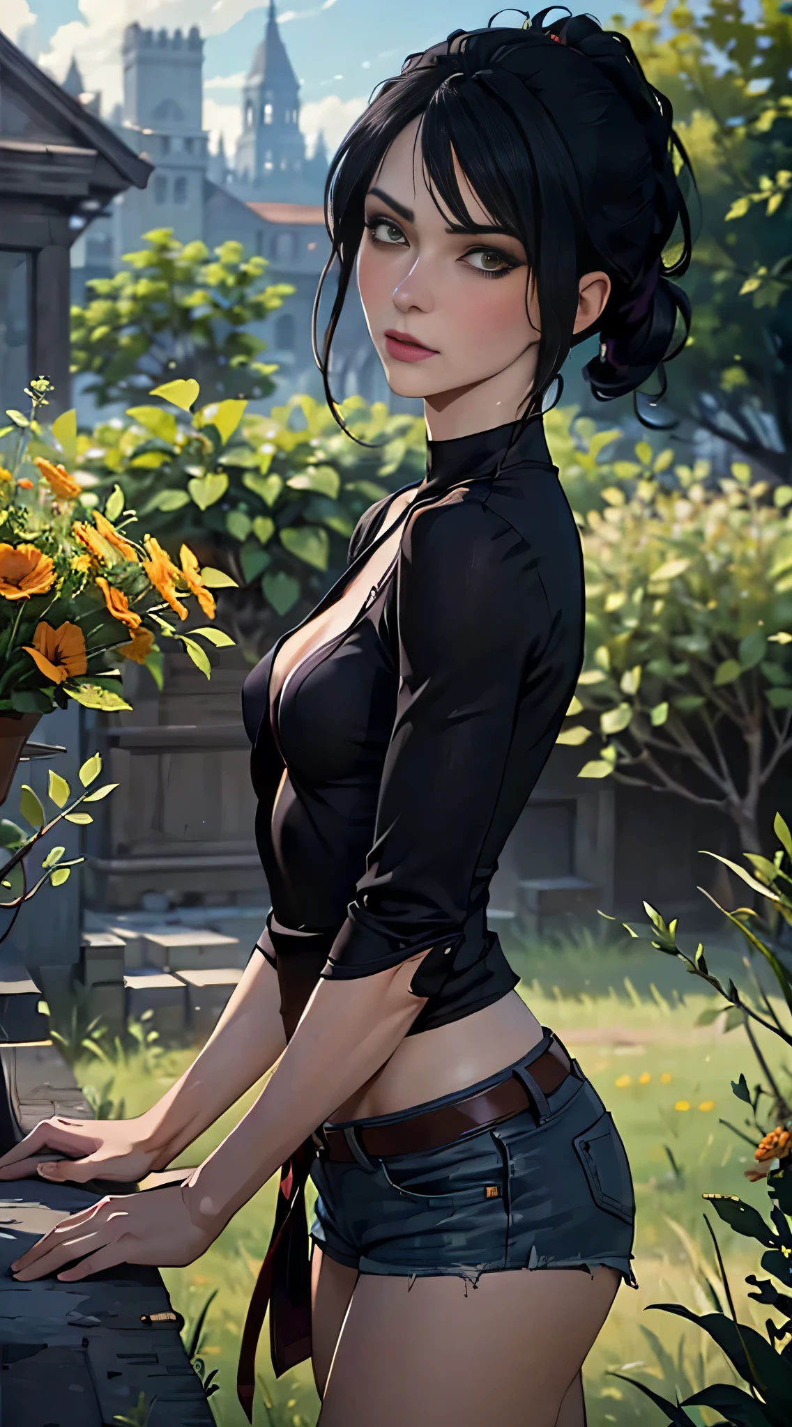 Morrigan, masterpiece, highest quality, RAW, analog style, a stunning photo of a (beautiful woman), (black top:1.4), (denim shorts), (small breasts:1.6), (planting plants), (int the garden), (highly detailed skin, skin details), (highly detailed face and eyes), sharp focus, 8k UHD, DSLR, high quality, film grain, Fujifilm XT3, frowning, intricately detailed, highly detailed, cluttered and detailed background