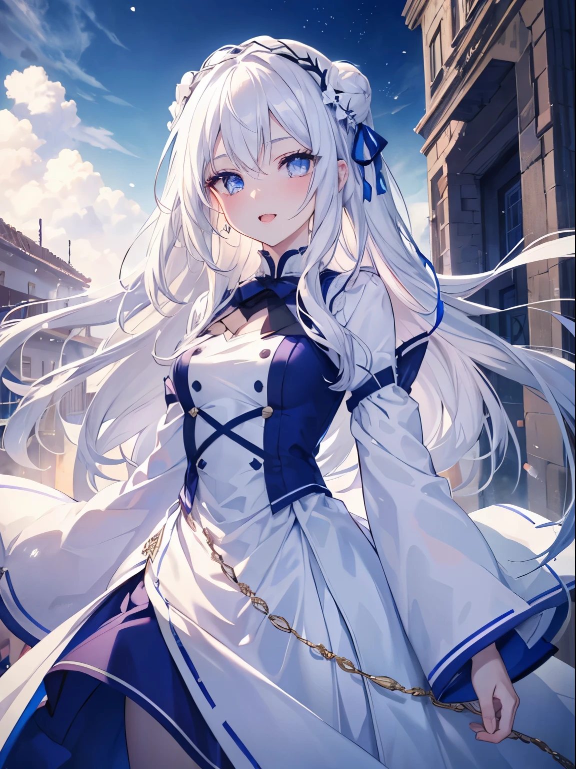 masutepiece, Highest Quality, (Perfect face:1.1), (high detailing:1.1), (ultradetailed eyes), Dramatic, superfine illustration, Extremely detailed, 1girl in, (pale skin), long white hair, Ethereal eyes, Blue eyes,tareme, (light eyebrow),blush,Solo,Smile, Happy, Laugh, Enjoy, Open mouth, Pouty lips,Cinematic lighting, Looking at Viewer, Cowboy Shot,Winters,Snow,Long sleeve,Blue Princess dress
