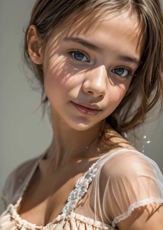 ((A Spanish girl in a doll with translucent skin)), (Laia Manzanares) (Tween-Modell, 17 Jahre alt, Jung)), Ethereally beautiful, schlank, klein, Weiches Licht, ((David-Hamilton-Stil)), Nahaufnahme, Masutepiece, best quality, Fotorealistisch, 8K, high resolution, Detaillierter Skin, 8K UHD, Digitale Spiegelreflexkamera, Weiches Lichting, High quality, Filmkorn, Fuji XT3, Brustwarze verrutscht, weiches Tuch