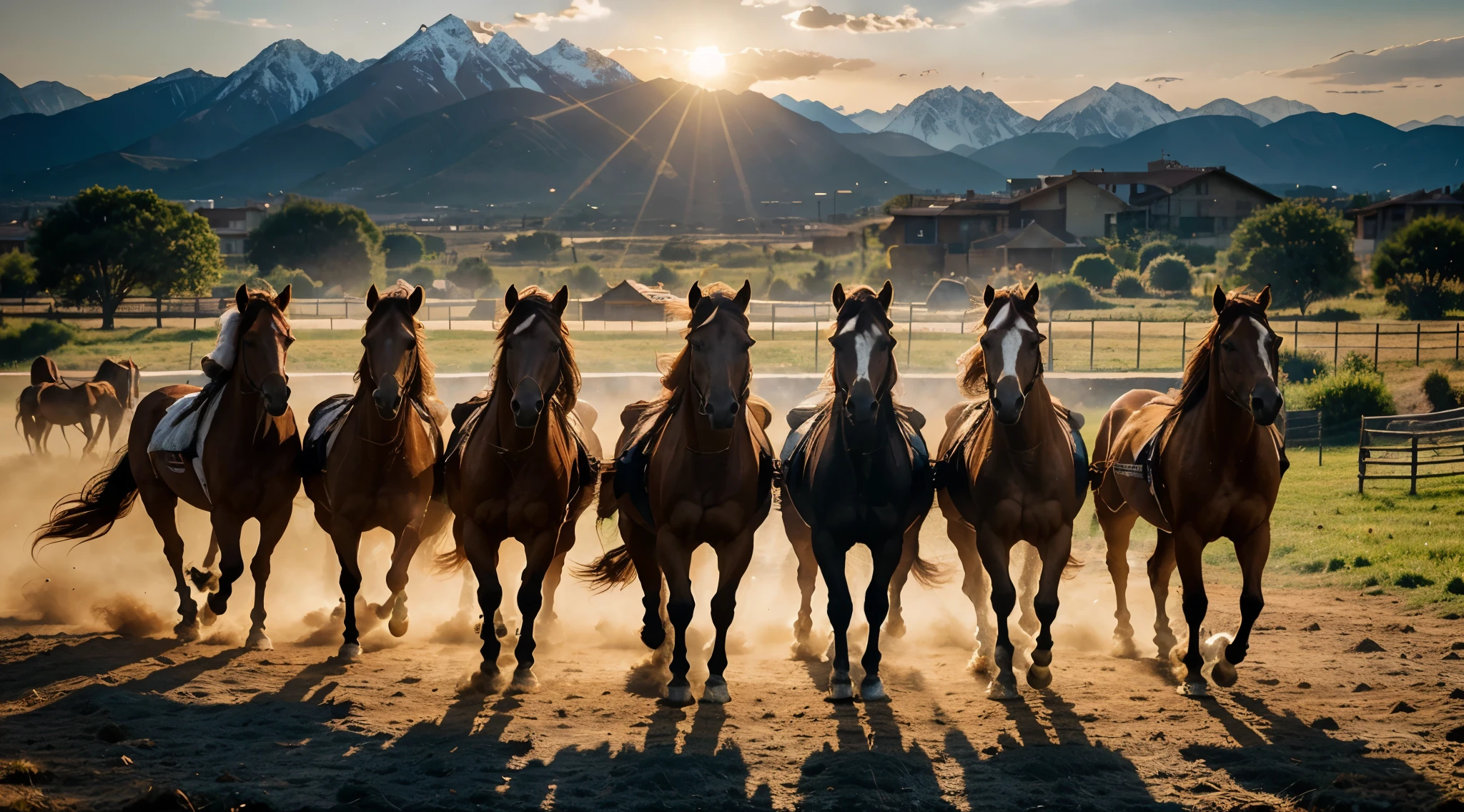 7 horses, light brown colors, ultra realistic, dynamic composition, energetic brushstrokes, sunlit atmosphere, golden hour lighting, flowing manes and tails, dust kicked up by their hooves, distant mountains in the background, sense of freedom and power.