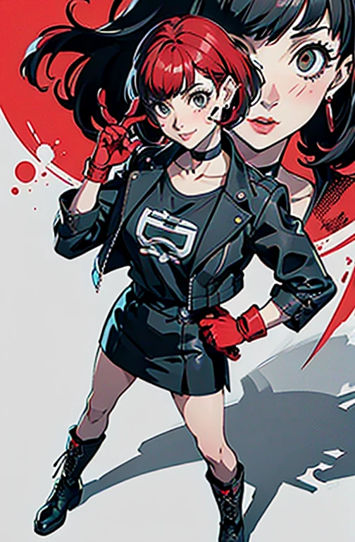 in the art style of persona 5, smal breast, delinquent, (sukeban), mature_female, blush, mature, older woman, 25 years old, Sukeban teacher outfit, (1girl, solo female, solo, solo focus)++++, choker, sukeban school teacher, sukeban school fighter, long_sleeves, open jacket, blue jacket, jean, light skin tone female, full body, jacket, biker jacket, tape, arm_support, gloves, red_gloves, bridal gauntlets, nail polish, boots, hioots, black_footwear, fighter outfit, full body, hourglass, mature face, cheeky smile, cheeky face, wrinkles, (red hair, short hair, bob cut, earrings, ear piercings), red eyeighting art, Martial arts, standing, fighting_stance, fight, fighting), extra colors, 2D, megapixel, perfectionism, accent lighting, full HD , (Masterpiece:1.2), (full-body-shot:1),(cowboy shot:1.2), (Highly detailed:1.2),(Detailed Face:1.2), Colorful, A detailed eye, (Detailed landscape:1.2), (natural lighting:1.2), ((sukeban school teacher)) by Vincent Di Fate: Aidyllery, Anamorphic Shot, rule of thirds, face by Artgerm and WLOP,