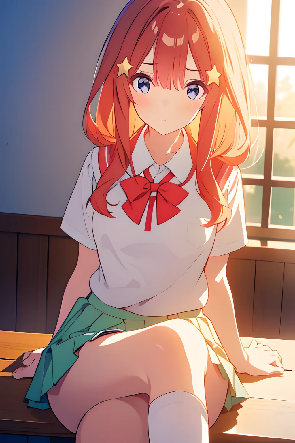 1girl em, sozinho, Nakano Yotsuba, orange hair, hairbow, (gravata borboleta verde), (nu:1.3), (Avental branco), seios grandes, clivagem, coxas coxas coxas coxas coxas, cafe background, (Corar:1.3)