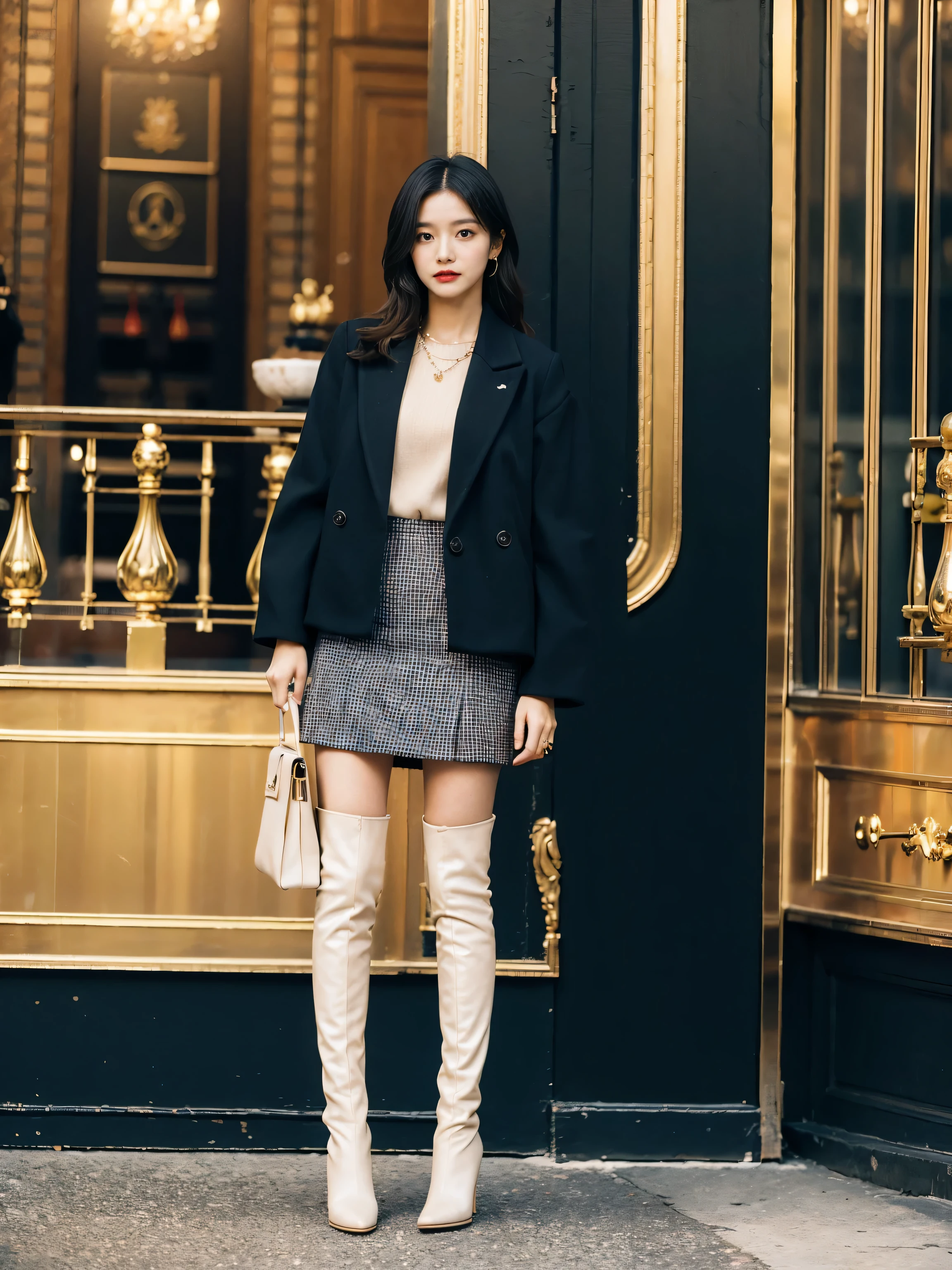 Best quality at best,tmasterpiece,超高分辨率,(actual:1.4),RAW photogr,hyper HD，8K，There is one girl，Stylish clothes,Chanel style，Stylish skinny suit, wearing jacket and skirt,high-class fashion，ellegance, short skirt and a long jacket, tigh-high boots，Over-the-knee boots，Casual pose，legs long