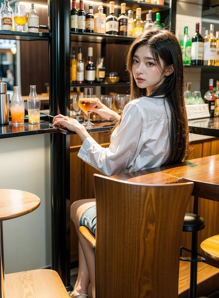 Bar background, Long Table, cocktails on the table, Added cool male bartender