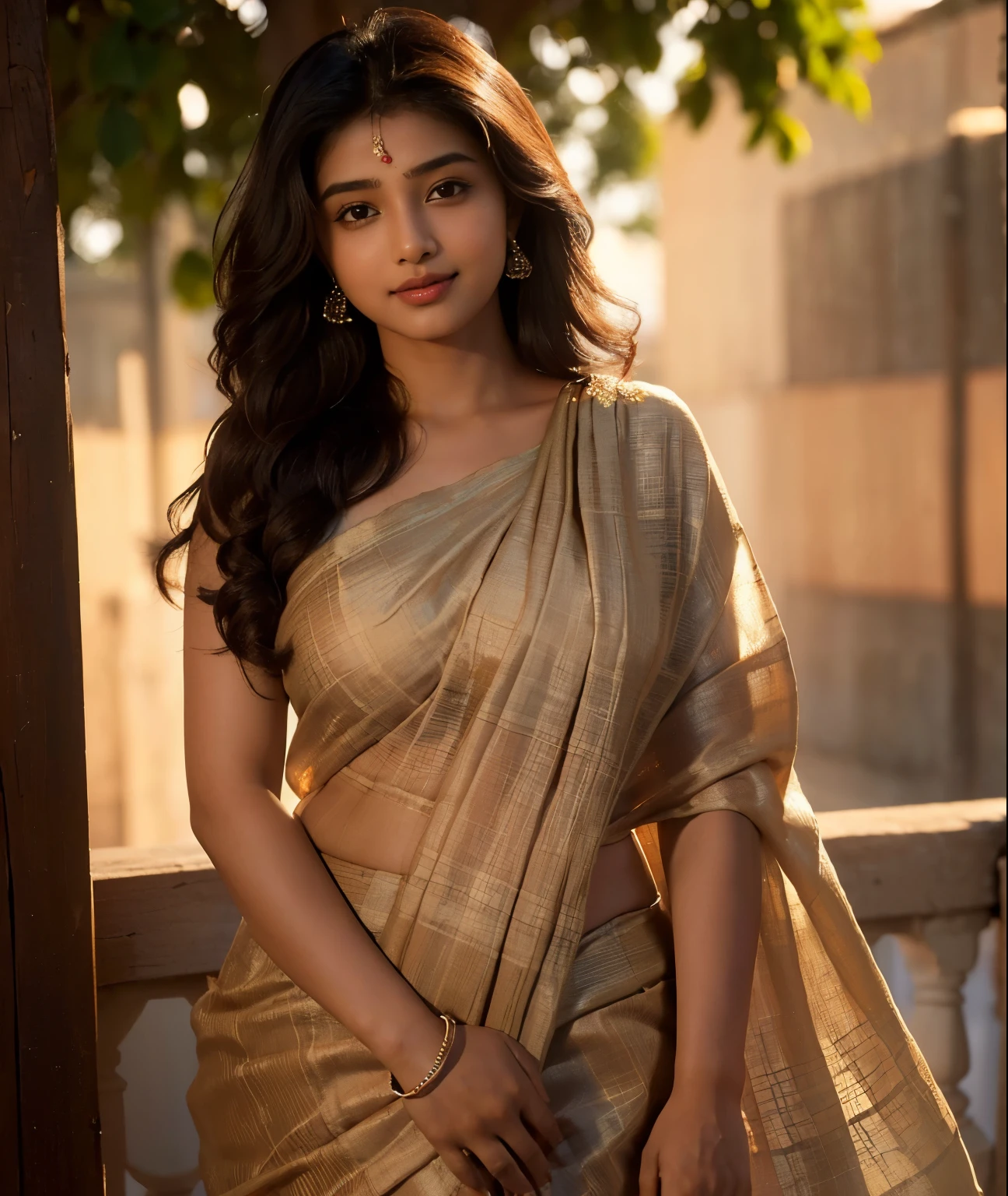 (((desi Indian girl))), chubby face, charming hair, brown natural skin (((highly detailed face and skin texture, 8k, ultrarealistic))), ((Masterpiece: 1.3, best quality, crisp focuit girl, enjoying the sun, happy face, (traditional indian saree), waist level pic