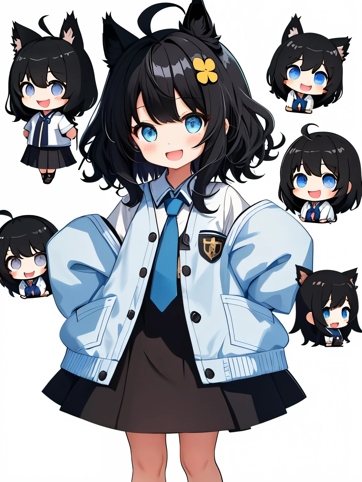 1girl with, Open mouth, Smile, Virtual Youtuber、girl with、((Best Quality, high_resolution, Distinct_image)),(Black hair), (Black cat ears), (Ahoge), (absurdly short hair), (Wavy Hair), (Blue eyes),、A smile、((concept-art))、Dressed in student uniform。wore a tie((Arms at sides))((Upright))、独奏、girl with1人、above knee、White background、symple background、Front-facing。Lori。Gamine。Mini。 3歳のgirl with, Big head, twitchEmote, above knee、White background, Chibi, Emote, face to the viewer,