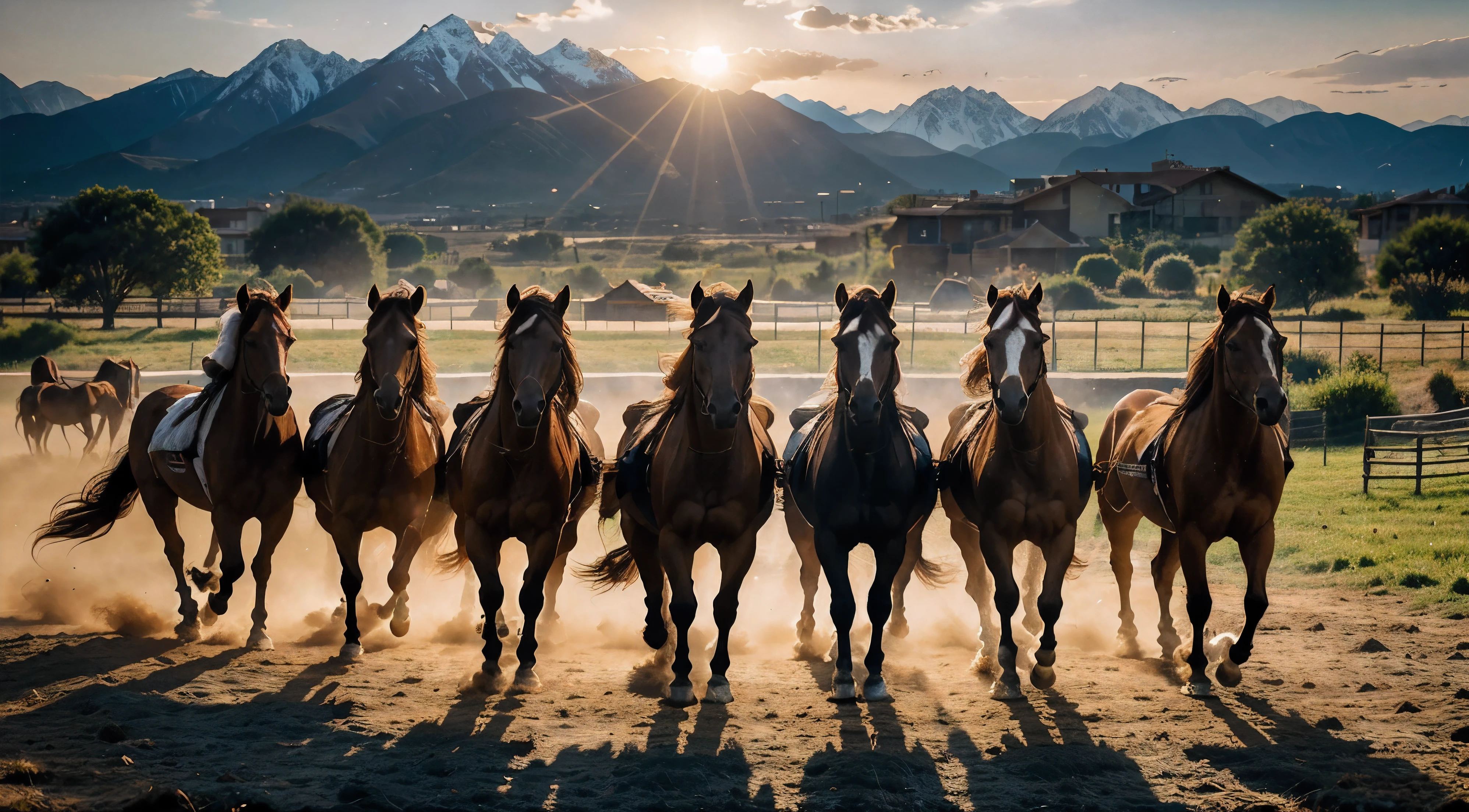 7 horses, light brown colors, ultra realistic, dynamic composition, energetic brushstrokes, sunlit atmosphere, golden hour lighting, flowing manes and tails, dust kicked up by their hooves, distant mountains in the background, sense of freedom and power.