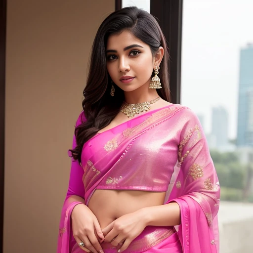 a cute woman in a pink sari posing for a picture, featured on instagram, seductive, angular, , hot, sexy,