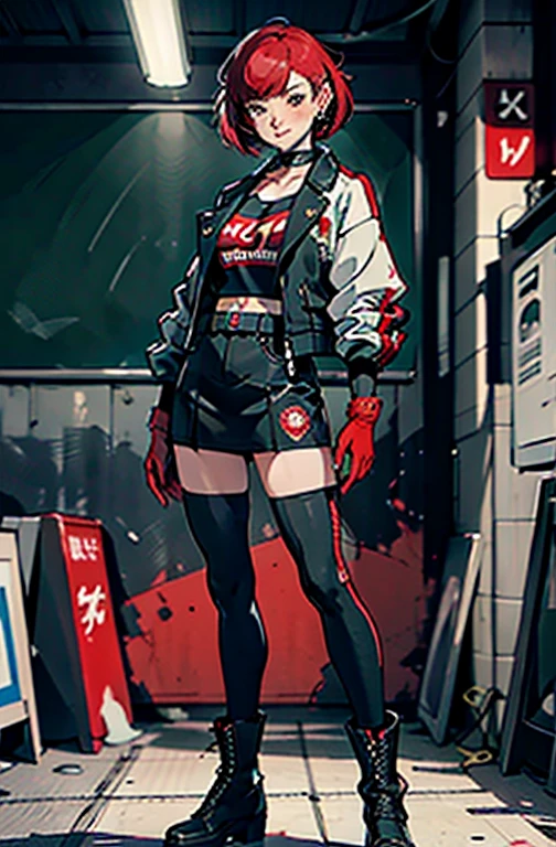 in the art style of persona 5, smal breast, delinquent, (sukeban), mature_female, blush, mature, older woman, 25 years old, Sukeban teacher outfit, (1girl, solo female, solo, solo focus)++++, choker, sukeban school teacher, sukeban school fighter, long_sleeves, open jacket, blue jacket, jean, light skin tone female, full body, jacket, biker jacket, tape, arm_support, gloves, red_gloves, bridal gauntlets, nail polish, boots, hioots, black_footwear, fighter outfit, full body, hourglass, mature face, cheeky smile, cheeky face, wrinkles, (red hair, short hair, bob cut, earrings, ear piercings), red eyeighting art, Martial arts, standing, fighting_stance, fight, fighting), extra colors, 2D, megapixel, perfectionism, accent lighting, full HD , (Masterpiece:1.2), (full-body-shot:1),(cowboy shot:1.2), (Highly detailed:1.2),(Detailed Face:1.2), Colorful, A detailed eye, (Detailed landscape:1.2), (natural lighting:1.2), ((sukeban school teacher)) by Vincent Di Fate: Aidyllery, Anamorphic Shot, rule of thirds, face by Artgerm and WLOP,