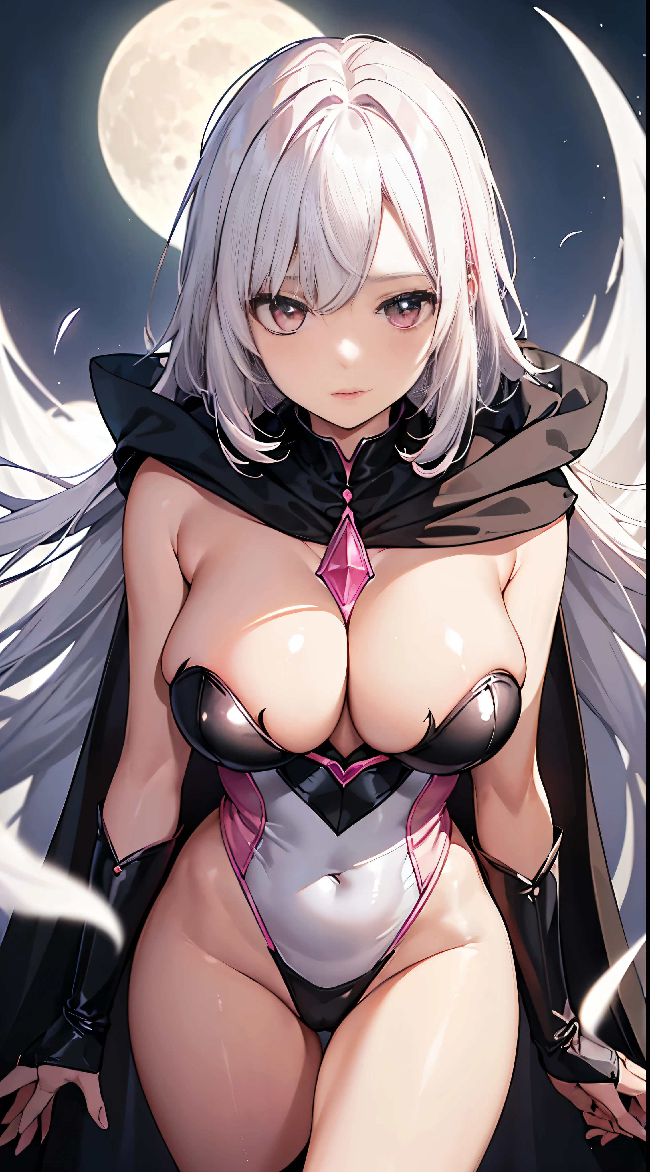 One lady,14years,((White hair) ,((())), ((Large breasts)), (())(()),(Shiny pink bodysuit and black microskirt))),Short black cloak,((Fantasy,Moon Night))((Clothes are torn))