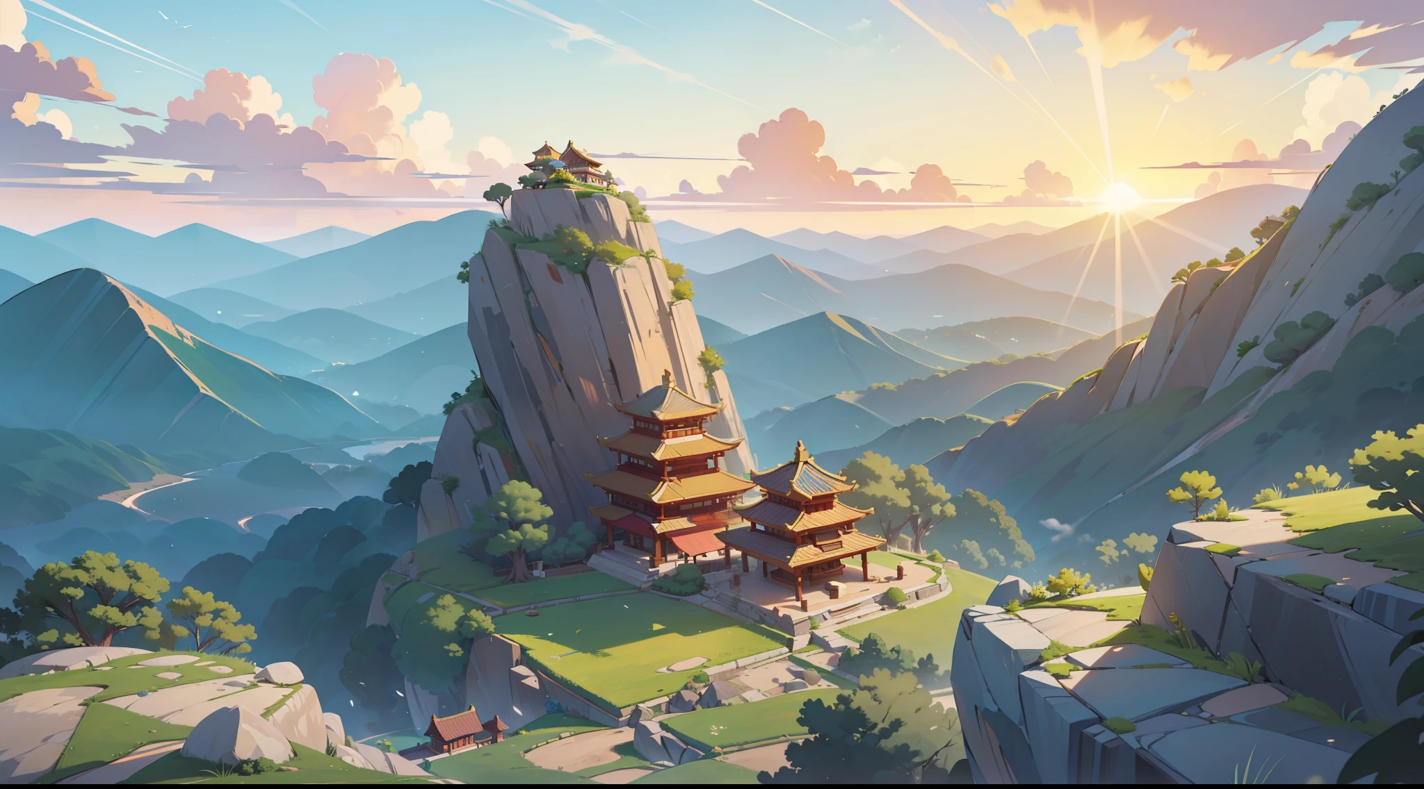 a rock escarpment , very very deep valley, escarp , cloud sea , a small Chinese Tample in the front right hand side , outside ,helicopter shot , very very extra wide shot , outdoor , details background , dusk , very very golden sky , very golden lighting,