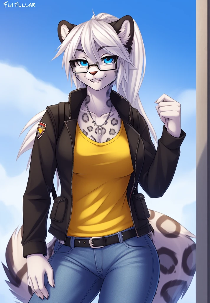 by fluff-kevlar, (best quality, masterpiece:1), solo, anthro, furry, female, ((Snow Leopard)), blue eyes, white hair, long hair, ponytail, portrait, fingers, finger claws, looking at viewer, snow leopard tail, ((large tuft of hair on the chest)), ((denim jeans)), ((jacket)), , ((shirt)), ((fully clothed)), ((medium breasts)), (tactical vest), (backpack), ((nerd)), glasses, braces,