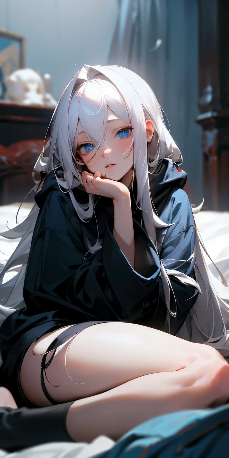 (masterpiece, best quality),long white haired girl sitting on a bed in a messy bedroom, wearing a black hoodie, hand resting under her chin, blue eyes, warm lighting, blurry foreground, detailed eyes and lips, soft color palette, cozy atmosphere