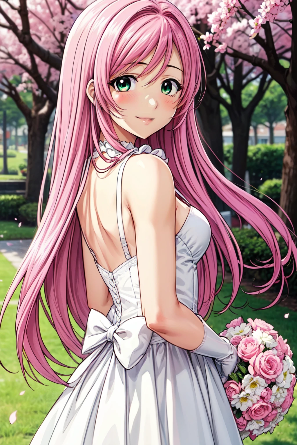 1 girl, 28 years old, Long pink hair, green eyes with slit pupils, small breasts, master-piece, best quality,  proportional body, proportional, Wedding Dresses, White Wedding Dress, Long skirt, wedding, Under the cherry blossom tree background, Cherry blossom petals are falling, outdoor, wedding, Upper body, The sky is beautiful, Both hands hold a bouquet of flowers, white gloves, Make eye contact with the camera, back figure, looking back, (light_Smile:1.5), (Detailed hands and fingers:1.2)