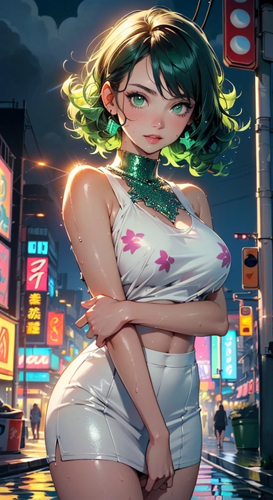 girl youtuber,(((1girl))),((extremely cute and beautiful green curly-haired girl)),
(short breasts:1.4),(((green curly hair:1.35,very curly hair,colored inner hair,ear breathing,short hair))),(((green eyes:1.3))),intricate eyes,beautiful detailed eyes,symmetrical eyeat)),(((lustrous skin:1.5,bright skin: 1.5,skin tanned,shiny skin,very shiny skin,shiny body,plastic glitter skin,exaggerated shiny skin,illuminated skin,wet legs))),delicate detailed fingers,detailed body,human hands,(detailed face),
cute,slutty,seductive,erotic,(((nsfw))),
zettai ryouiki,revealing clothing,show skin,((rave mini-skirt,visible thong straps,white loose tank top with an pop art print)),((wet clothes,intricate outfit,intricate clothes)),
(dynamic pose:1.0),embarrassed,(centered,scale to fit dimensions,Rule of thirds),
cyberpunk city by the ocean at night, with bright neon signs and dark stormy clouds and puddles, scenery:1.25,
highres, sharp focus, (ultra detailed, extremely detailed), (photorealistic artwork:1.37),(extremely detailed CG unity 8k wallpaper),((synthwave background theme)),(((vibrant colors))),(intricate background),(masterpiece),(best quality),