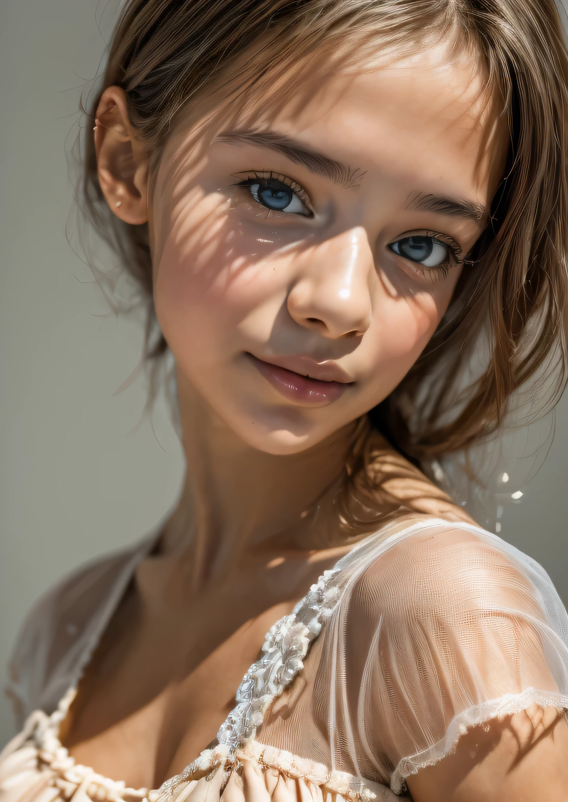 ((A Spanish girl in a doll with translucent skin)), (Laia Manzanares) (Tween-Modell, 17 Jahre alt, Jung)), Ethereally beautiful, schlank, klein, Weiches Licht, ((David-Hamilton-Stil)), Nahaufnahme, Masutepiece, best quality, Fotorealistisch, 8K, high resolution, Detaillierter Skin, 8K UHD, Digitale Spiegelreflexkamera, Weiches Lichting, High quality, Filmkorn, Fuji XT3, Brustwarze verrutscht, weiches Tuch