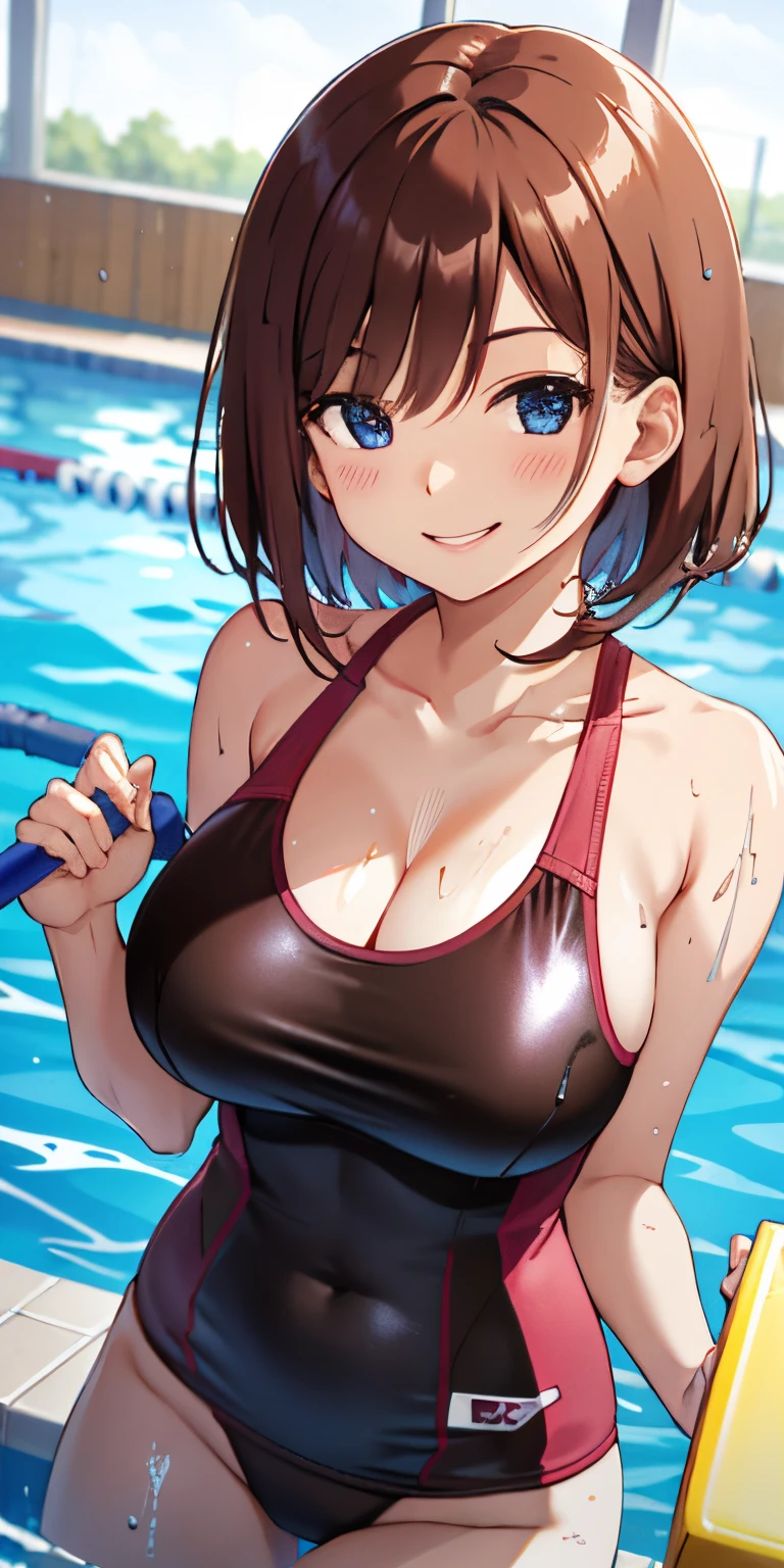 (Masterpiece), anime style,Watanabe you, standing, facing viewer, outdoors, one-piece swimsuit,low cut at hips, blue eyes, beautiful detailed face and eyes, half body inside pool,wet, (shiny water drops:1.2) , big breasts