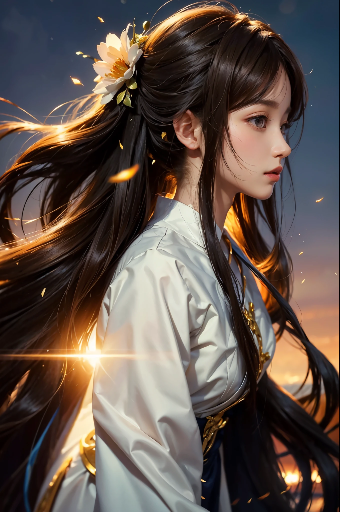 一幅long whitr hair女子的图画，A flower stuck in his hair, Rainbow-colored clotheest quality at best, 超k hd, (realisticlying:1.4),Sunset sun, korean female, detailed photograph, Smiling, (tmasterpiece: 1.3), (8K, realisticlying, Best quality at best: 1.4), pretty  face, (Realistic face), (brunette color hair, long whitr hair: 1.3), Beautiful hairstyle, realisticlying的眼睛, beatiful detailed eyes, (realisticlying的皮肤), Beautiful skins, Attractive, 超高分辨率, hyper realisitc, k hd, the golden ratio