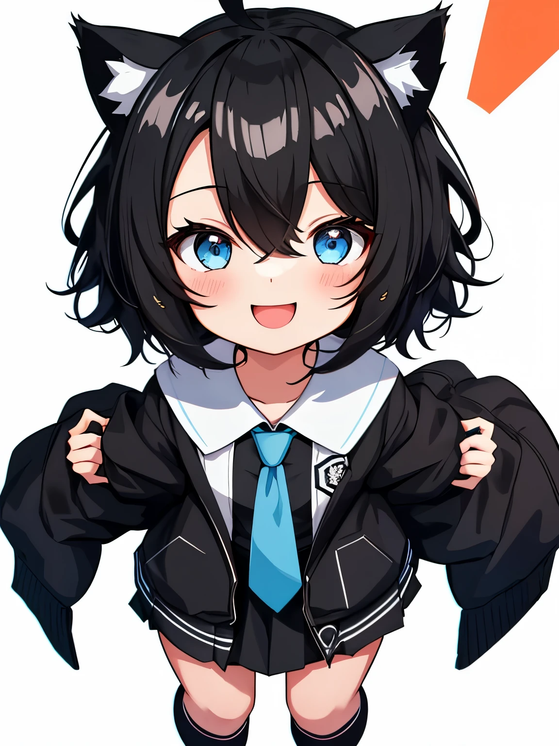 1girl with, Open mouth, Smile, Virtual Youtuber、girl with、((Best Quality, high_resolution, Distinct_image)),(Black hair), (Black cat ears), (Ahoge), (absurdly short hair), (Wavy Hair), (Blue eyes),、A smile、((concept-art))、Dressed in student uniform。wore a tie((Arms at sides))((Upright))、独奏、girl with1人、above knee、White background、symple background、Front-facing。Lori。Gamine。Mini。 3歳のgirl with, Big head, twitchEmote, above knee、White background, Chibi, Emote, face to the viewer,