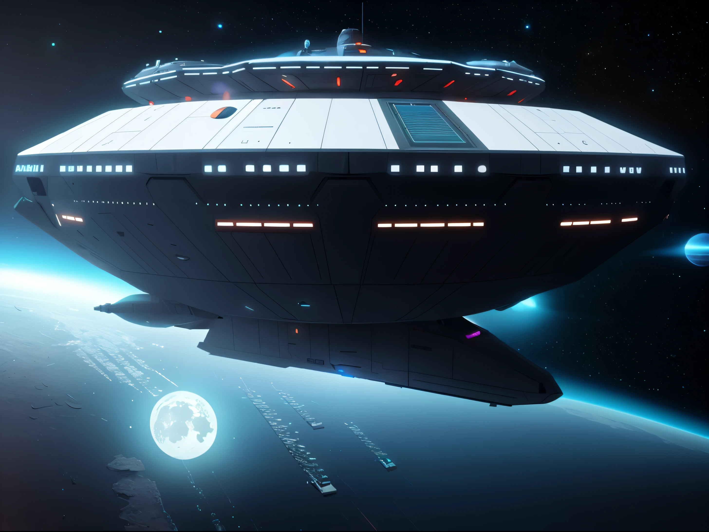Nave espacial volando sobre la Tierra con una luna llena en el fondo, Puerto espacial futurista, War space ship, futuristic, scifi space warship, Arstation y Beeple altamente, por Christopher Balaskas, Cyberpunk Space Station, 3 D render beeple, sci-fi digital art illustration, en estilo de beeple, nave espacial, sci-fi illustration, sci fi digital painting