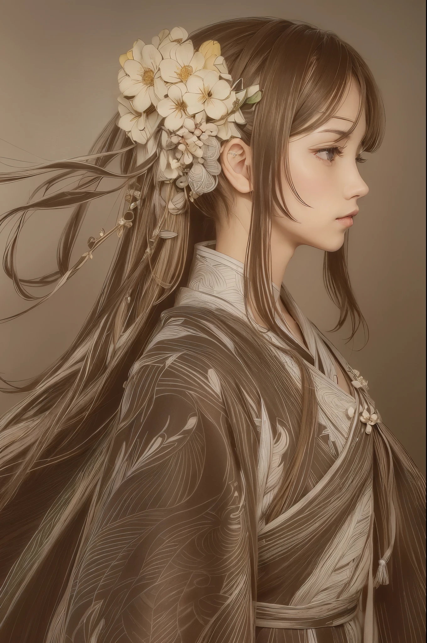 一幅long whitr hair女子的图画,A flower stuck in his hair, Best quality at best, 超k hd, (realisticlying:1.4),Sunset sun, korean female, detailed photograph, Smiling, (tmasterpiece: 1.3), (8K, realisticlying, Best quality at best: 1.4), pretty face, (Realistic face), (brunette color hair, long whitr hair: 1.3), Beautiful hairstyle, realisticlying的眼睛, beatiful detailed eyes, (realisticlying的皮肤), Beautiful skins, Attractive, 超高分辨率, hyper realisitc, k hd, the golden ratio