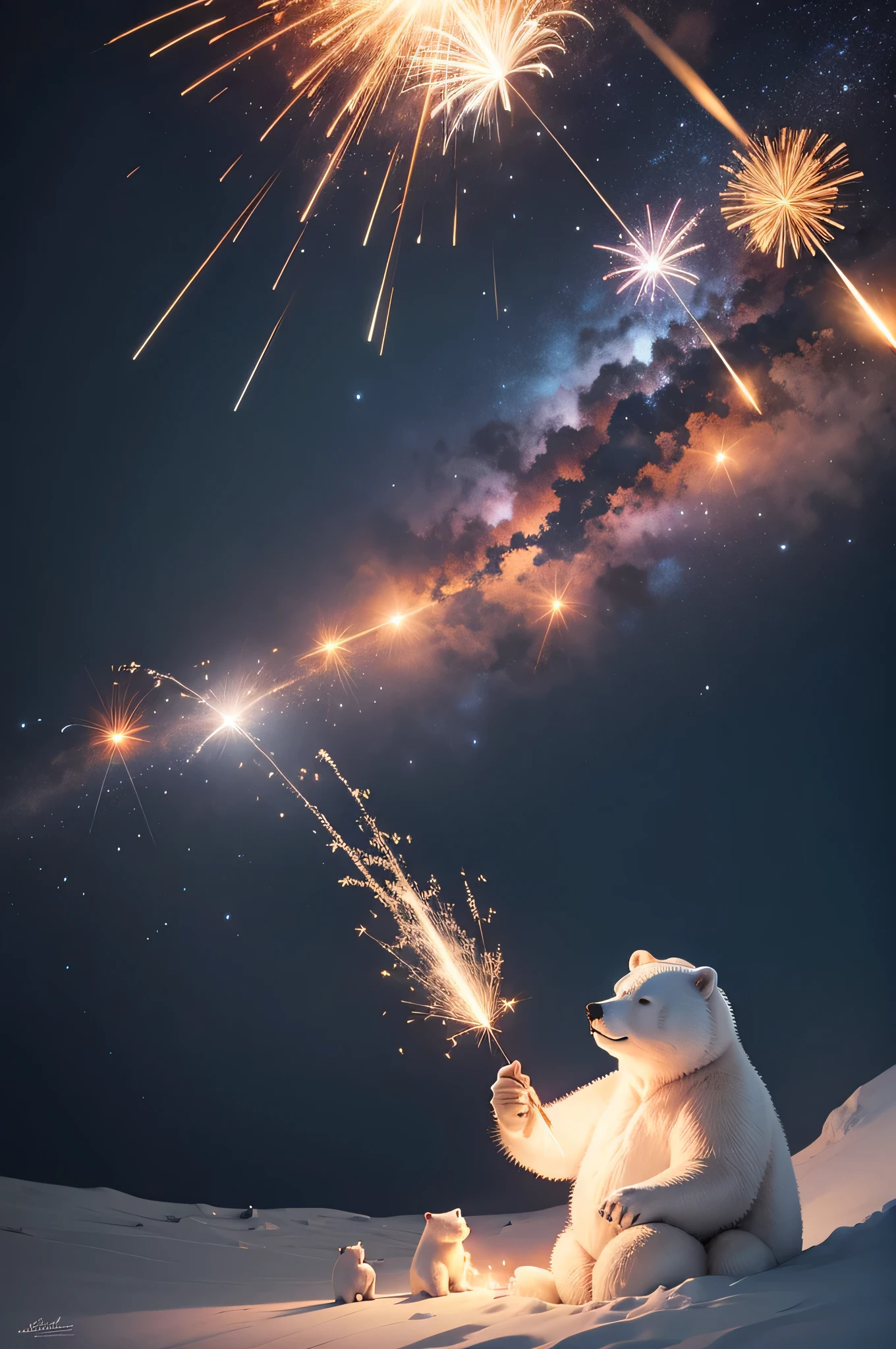 sternenhimmel mit feuerwerk, Polar bears wear hats and hold sparklers