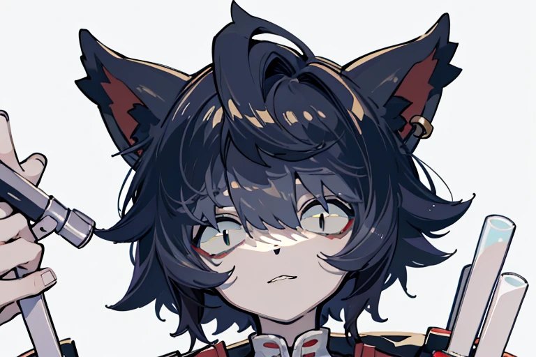​master piece, hyper quality, Hyper Detailed, Perfect drawing, 1boy, Plain white background Teenage characters with reference stickers Fresh and cold temperament Masterpiece quality HD portraits Meticulous beauty Proud face Admiration Clear blue eyes Dark gray hair Tousled waving wolf ears Mysterious Inconspicuous wolf tail Clean-lined military trench coat Confident face，Create a pure atmosphere Unique decoration for teenagers Mysterious atmosphere Delicate little boy Strong presence，Hard and soft, a coveted masterpiece, (Character Sheet:1.4), (Concept art:1.4), Fashionable