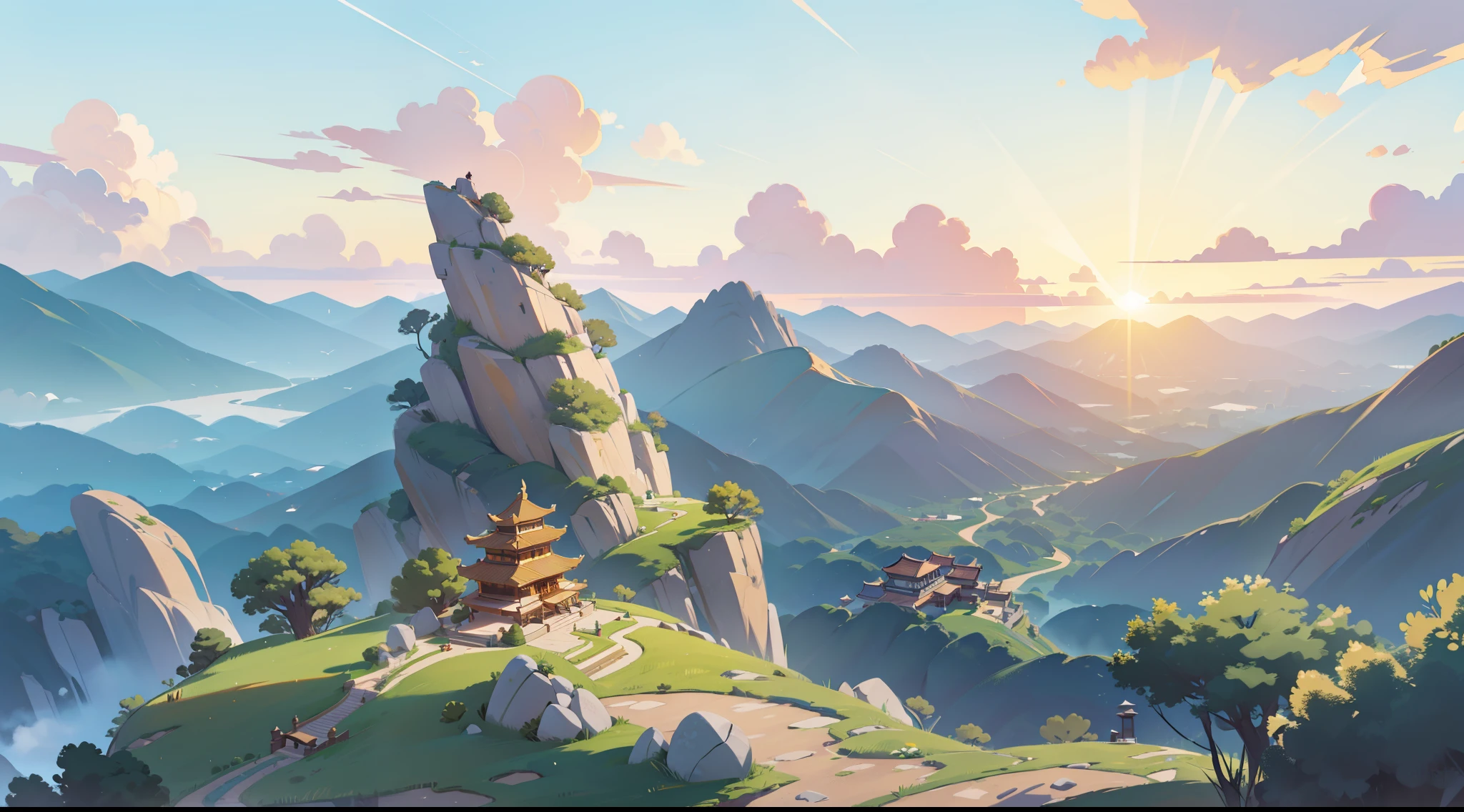 a rock escarpment , very very deep valley, very very high escarp , cloud sea , a small Chinese Tample in the front right hand side , outside ,helicopter shot , very very extra wide view , outdoor , details background , dusk , very very golden sky , very golden lighting,