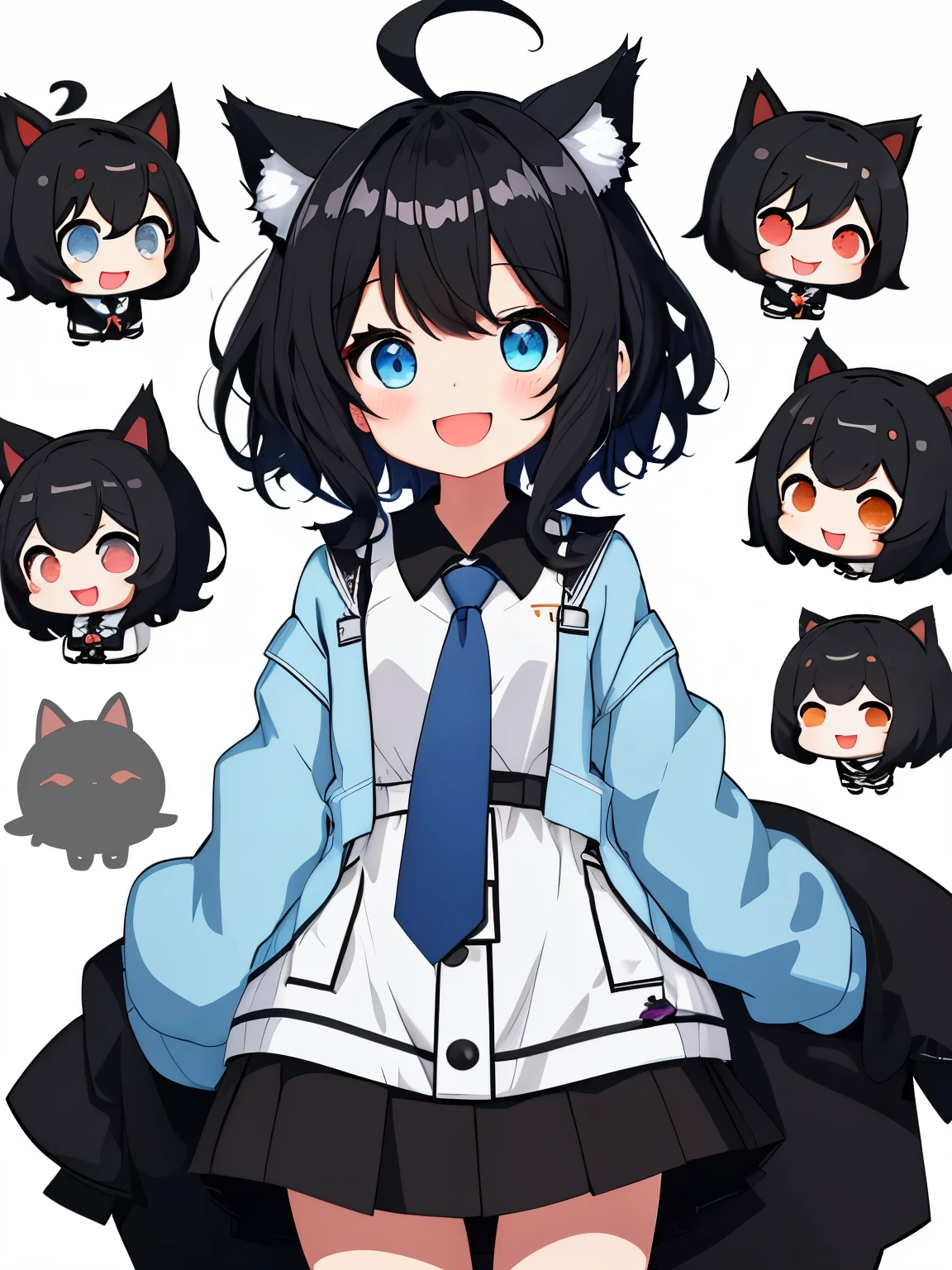 1girl with, Open mouth, Smile, Virtual Youtuber、girl with、((Best Quality, high_resolution, Distinct_image)),(Black hair), (Black cat ears), (Ahoge), (absurdly short hair), (Wavy Hair), (Blue eyes),、A smile、((concept-art))、Dressed in student uniform。wore a tie((Arms at sides))((Upright))、独奏、girl with1人、above knee、White background、symple background、Front-facing。Lori。Gamine。Mini。 3歳のgirl with, Big head, twitchEmote, above knee、White background, Chibi, Emote, face to the viewer,