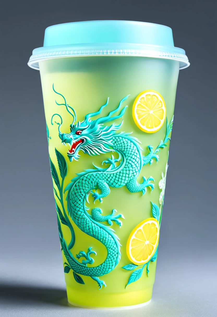 Transparent plastic cup with frosted effect,The cup sleeve is put on the cup, The material of the cup sleeve is , The cup sleeve is printed with traditional Chinese clothing patterns, The sleeve is printed with a majestic Chinese dragon embroidery pattern, The overall main color of the cup sleeve is cyan, The height of the cup sleeve accounts for half of the cup height, A lemon placed next to the cup, A green fresh tea leaf is placed on the other side of the cup, 8k ultra high definition, the soft light