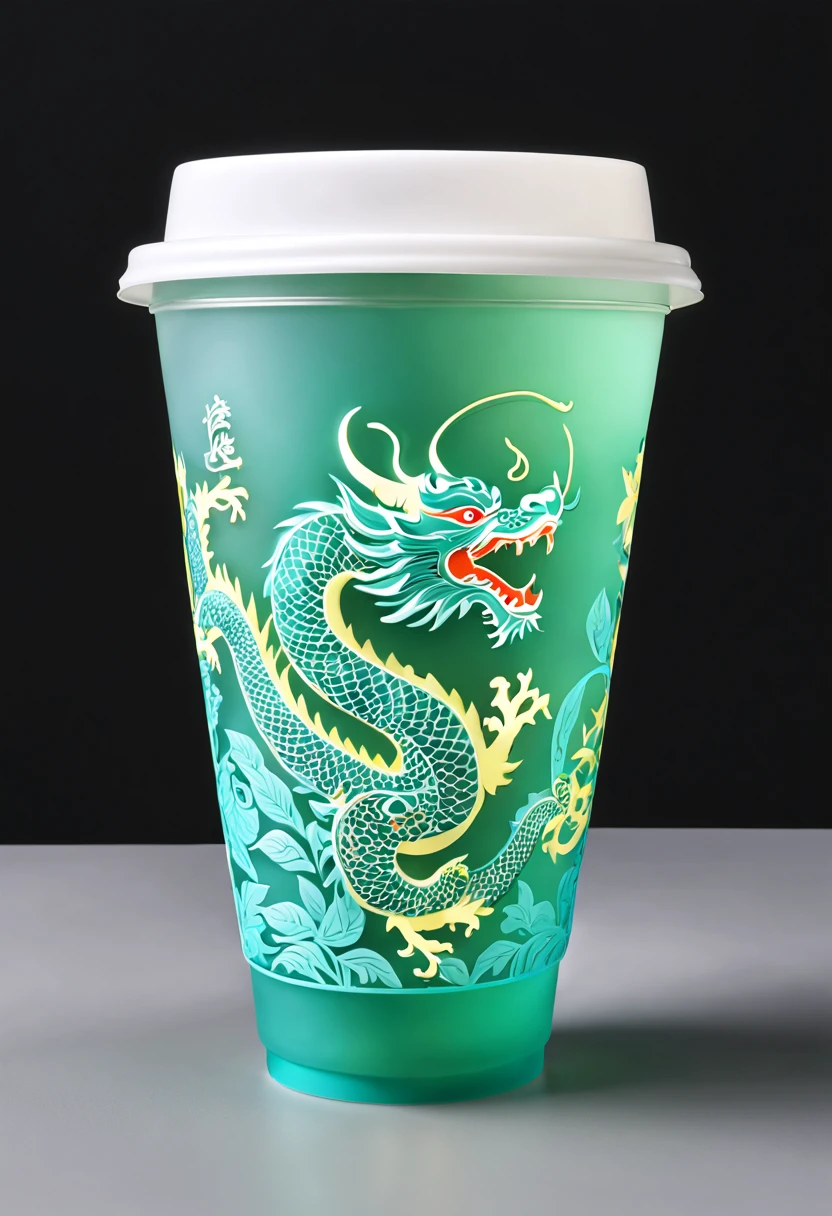 Transparent plastic cup with frosted effect,The cup sleeve is put on the cup, The material of the cup sleeve is , The cup sleeve is printed with traditional Chinese clothing patterns, The sleeve is printed with a majestic Chinese dragon embroidery pattern, The overall main color of the cup sleeve is cyan, The height of the cup sleeve accounts for half of the cup height, A lemon placed next to the cup, A green fresh tea leaf is placed on the other side of the cup, 8k ultra high definition, the soft light