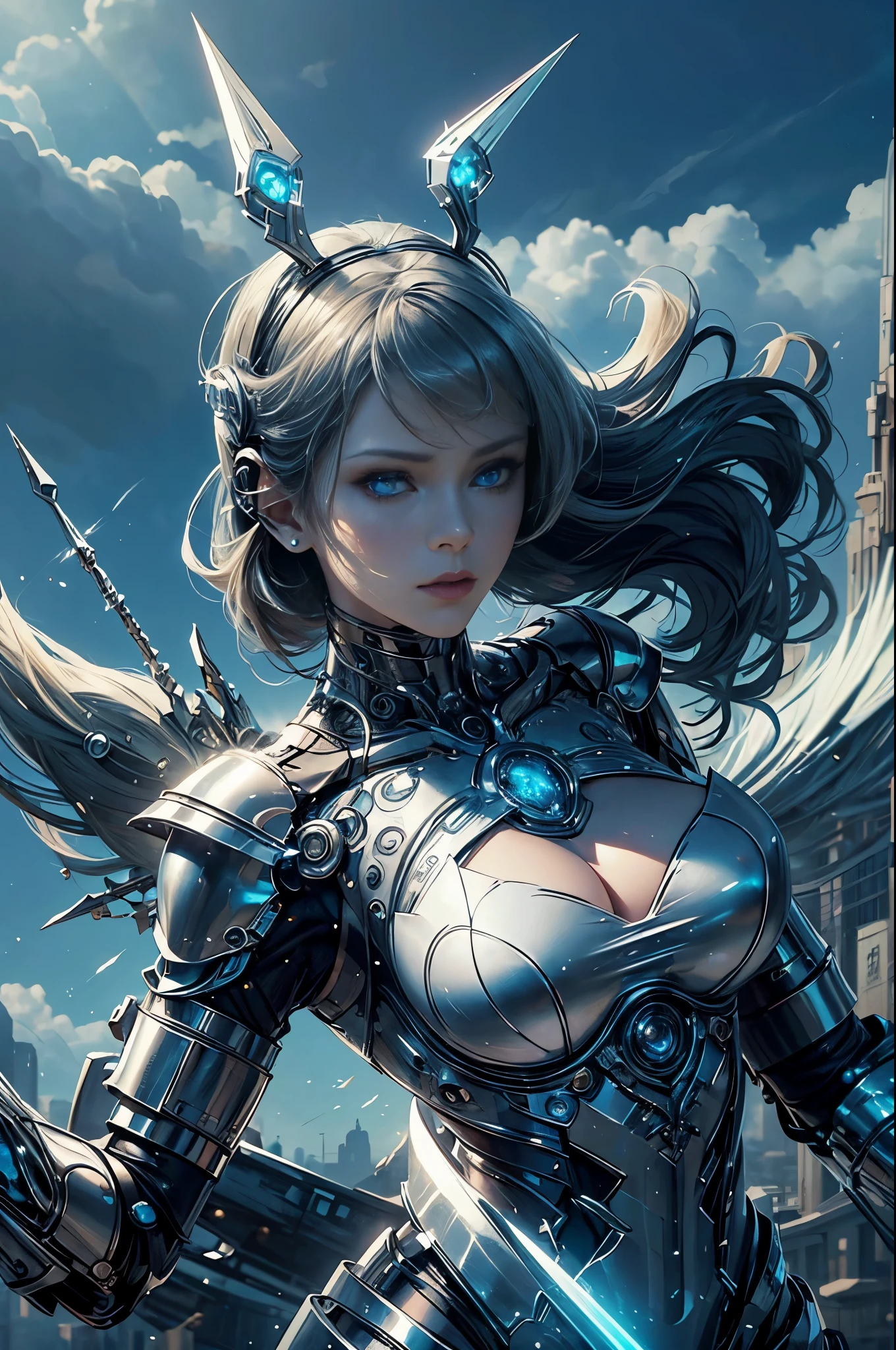 a close up of a woman in armor holding a sword, karol bak uhd, 2. 5 d cgi anime fantasy artwork, armor girl, epic fantasy art style hd, detailed fantasy art, Fantasy Woman, Perfect Anime Cyborg Woman, beautiful cyborg priestess, 4K fantasy art, hd fantasy art, high quality fantasy art, anime goddess, Goddess. extremely high detail, portrait of cyborg queen, extremely detailed goddess shot, Half body machine, Inorganic, Next generation high performance cyborg, Goddess of Machines, The perfect cyborg, ultimate replicant, A masterpiece created by ultra-high performance AI, Final weapon, Best Quality, Perfect Angle, perfect-composition, sharp outline, Best Shots, perfect shapes, perfect model style, Very beautiful and detailed eyes, Hollow eyes, blue eyes without pupils