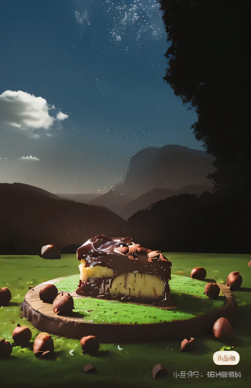 chestnut cake,on chocolate grass,Surrounded by tall trees,There are rolling mountains and blue sky and white clouds in the distance