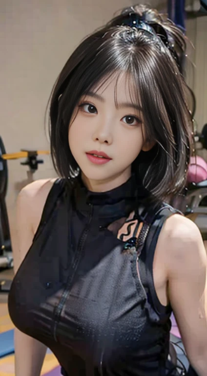 A Chinese woman in gym equipment, fluffy hair, delicate face, bright, real girl, large aperture, wearing tight yoga pants, tight trousers, wearing a nine-point yoga vest, round neck vest, macro shooting, slightly fat, plump, sexy, looking at you, good-looking eyes, very plump, very big breasts,