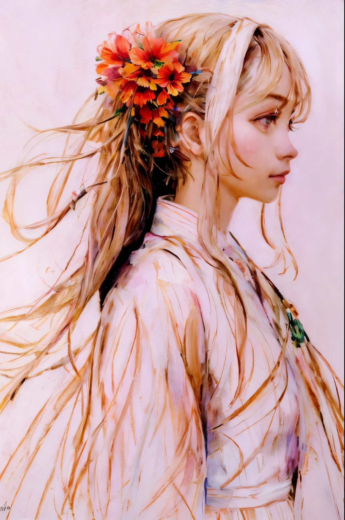 Best quality,super-fine,oil painted,Woman with long hair,A flower stuck in his hair, beatiful detailed eyeeautiful detailed lips,详细的脸,soft flowing hair,a hint of smile,Clothing in vibrant colors,In the setting sun,Vivid brushstrokes,classic portrait,Subtle lighting contrast,depth and dimensionality,Delicate skin texture,fine strands,realistic expression,tmasterpiece:1.2