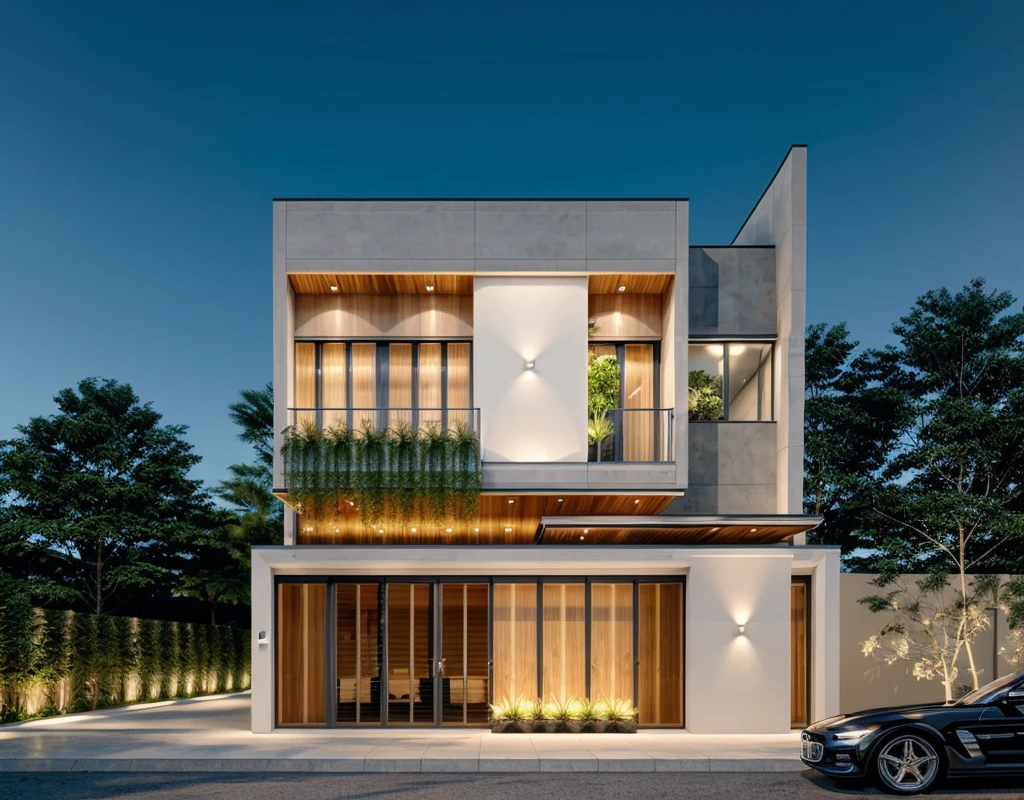 Modern Architecture, granite walls, wooden floors, wall painted white, concrete ceilings, black rail ceilings, xingfa glass doors,  lawn garden views, ornamental plants, sunrise, realistic, best quality , sharpest image, sunset light,  Vray rendering, full detail, 8k