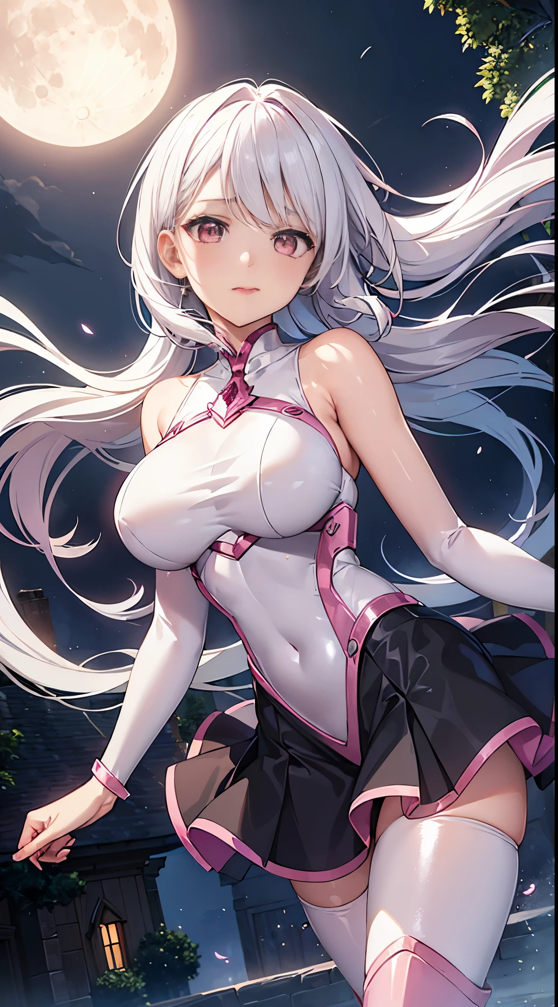 One lady,ars,((White hair) ,((())), ((Normal breasts)), (())(()),(Shiny pink bodysuit with black microskirt))),,((Fantasy,Moon Night))(())
