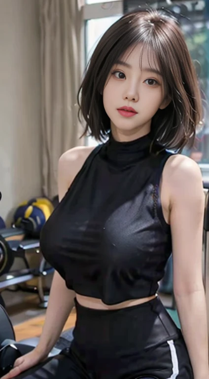 A Chinese woman in gym equipment, fluffy hair, delicate face, bright, real girl, large aperture, wearing tight yoga pants, tight trousers, wearing a nine-point yoga vest, round neck vest, macro shooting, slightly fat, plump, sexy, looking at you, good-looking eyes, very plump, very big breasts,