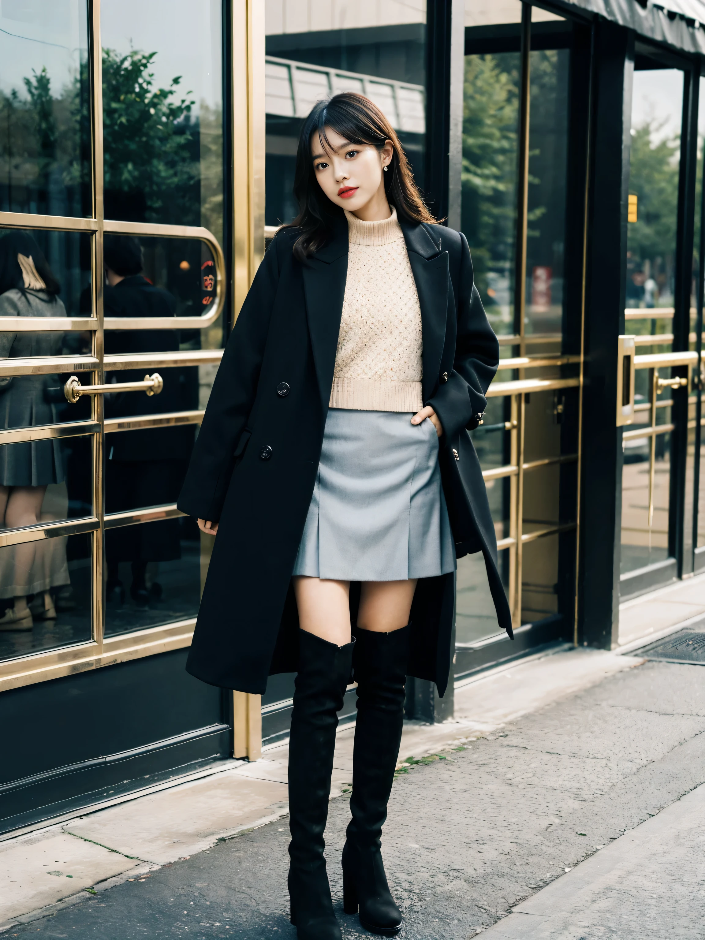 Best quality,tmasterpiece,超高分辨率,(actual:1.4),RAW photos,hyper HD,8K,There is one girl,Stylish clothes,Chanel style,Stylish skinny suit, wearing jacket and skirt,high-class fashion,ellegance, short skirt and a long jacket, tigh-high boots,Over-the-knee boots,Casual pose,legs long