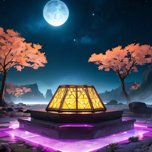 Alien Hexagonal Base (very detailed nipples) In a hexagonal mountain oasis,There are several hexagonal exhaust fans and chimneys, some neon lights projecting from the base,Light up the dark night), There are some clouds in the night sky, Some surrounding planets provide air to unknown planets,The most remote giant hexagonal volcano erupts,the rainforest