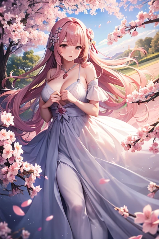 A woman in a white dress stands under a tree with pink flowers, 🌺 cgsociety, Very beautifully、Ethereal, very magical and dreamy, 夢のようなEthereal, wearing pink floral gown, flowing sakura silk, Ethereal夢のような, Beautiful dreamy breathtaking, Cute elegant pose, cherry blossoms in the wind, Ethereal美しさ, wearing a long flowery dress, perfect spring day with、tits out、huge tit