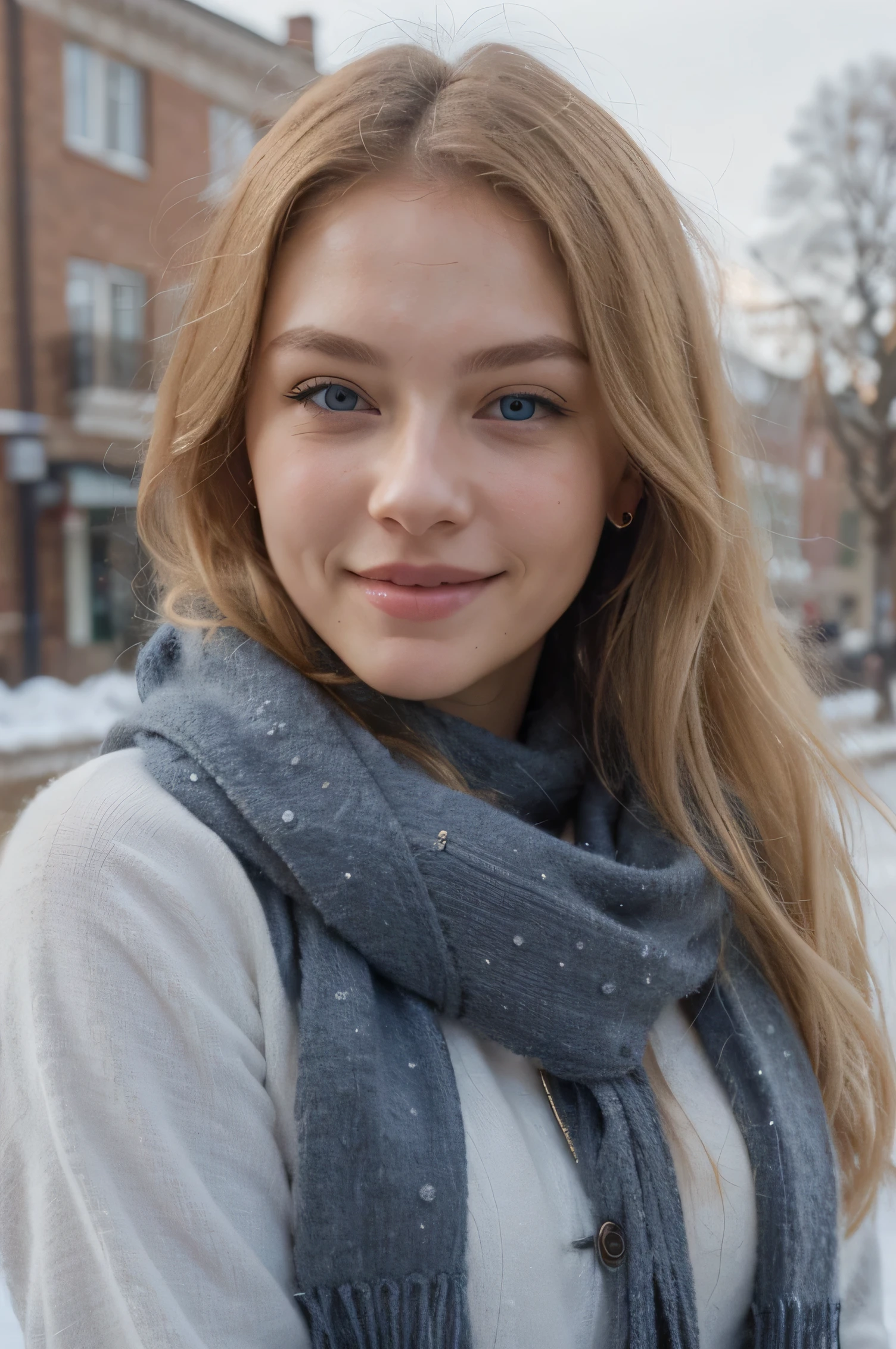 Extremely realistic blonde Russian girl with blonde hair and blue eyes, smiling at the camera, detailed clothing, winter clothing, wearing scarf