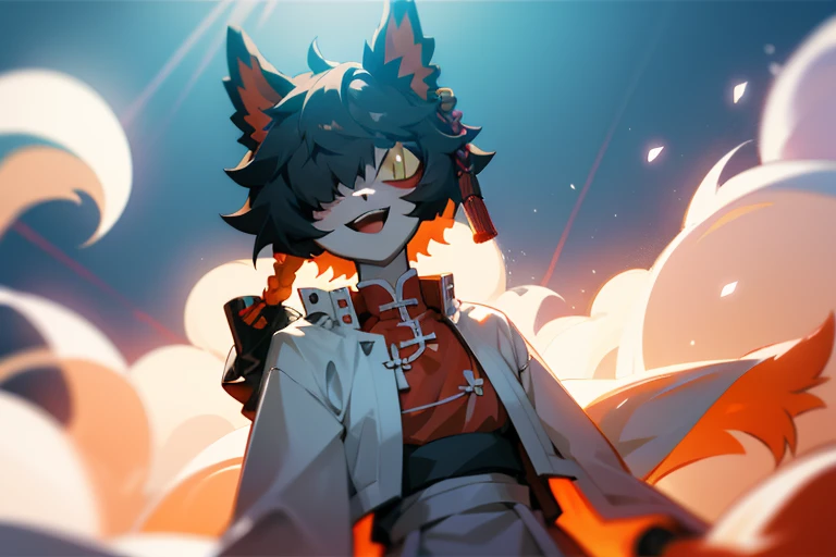 depth of fields, Perfect Lighting, Lightest particle quality),(masutepiece),(ultra-detailliert),Sharp Focus,light Particle, rainbows, eyesgod, blush, brown_Eyes, up looking_で_viewer, Smile, Solo, Furry, animal_ear_fluff, arms behind back, Upper body, tail, Sunlight, Open mouth, From below, arms behind back,