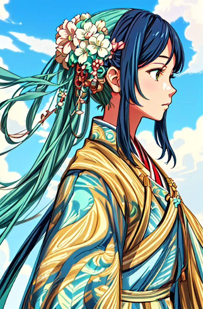 1girl, detailed village background, blue sky, detailed background, detailed vivid color clothing, detailed Colorful hair ornaments, Studio Ghibli Style, Ghibli color, Miyazaki Hayao style, Makoto Niitsu and Makoto Shinkai style